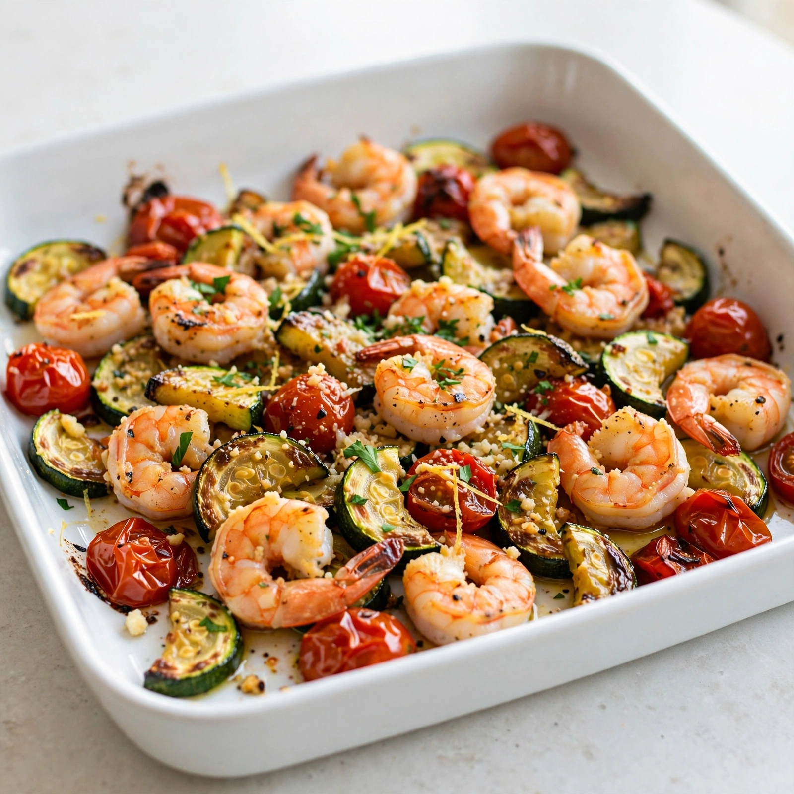 Garlic Parmesan Sheet Pan Shrimp with Zucchini and Cherry Tomatoes